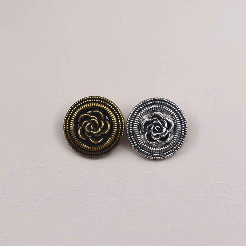 Pair of hollow rose metal buttons: vintage gold and nickel-black with beaded borders