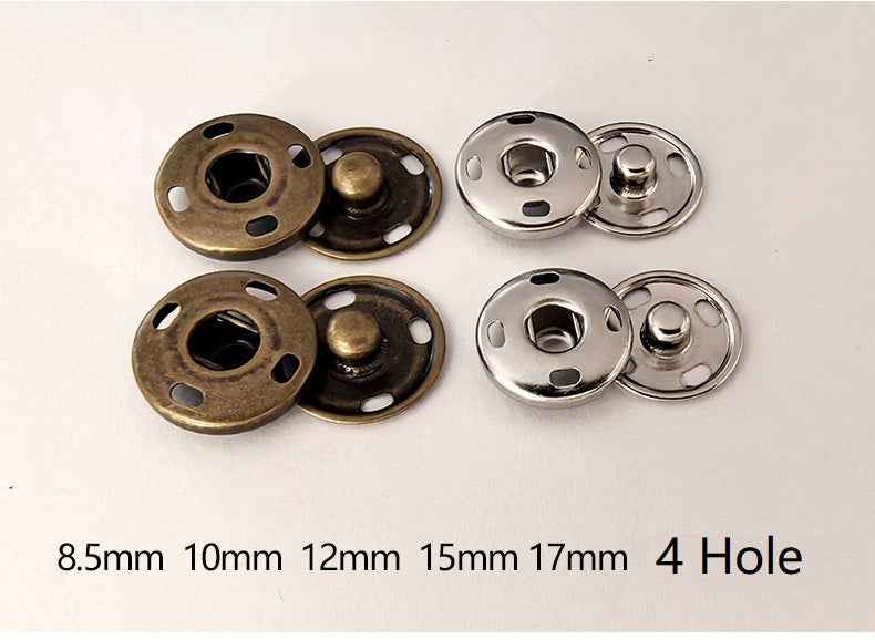 Snap buttons with 4-hole faces, sizes 8.5–17mm in bronze, dark and silver finishes