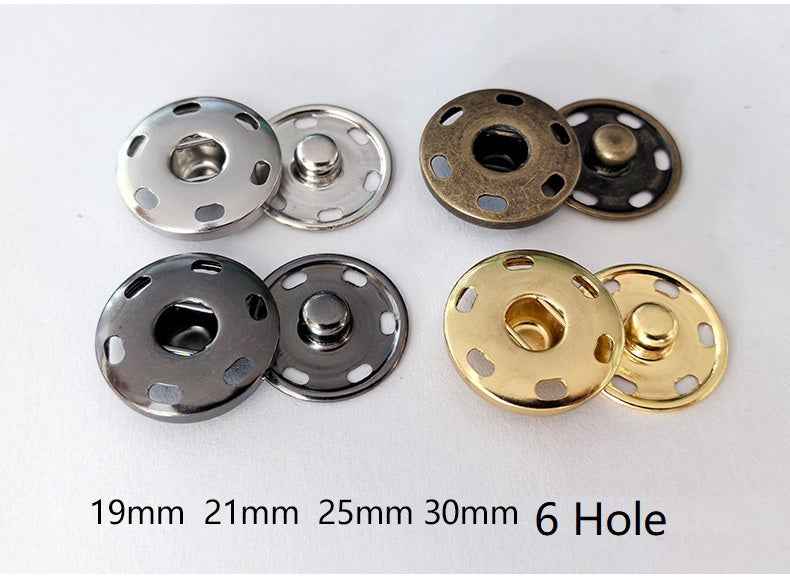 Snap buttons labeled 19–30mm and 6-hole styles in silver, black, bronze, and gold