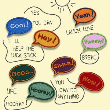 8-pack of self-adhesive embroidered speech-bubble patches with mixed English sayings