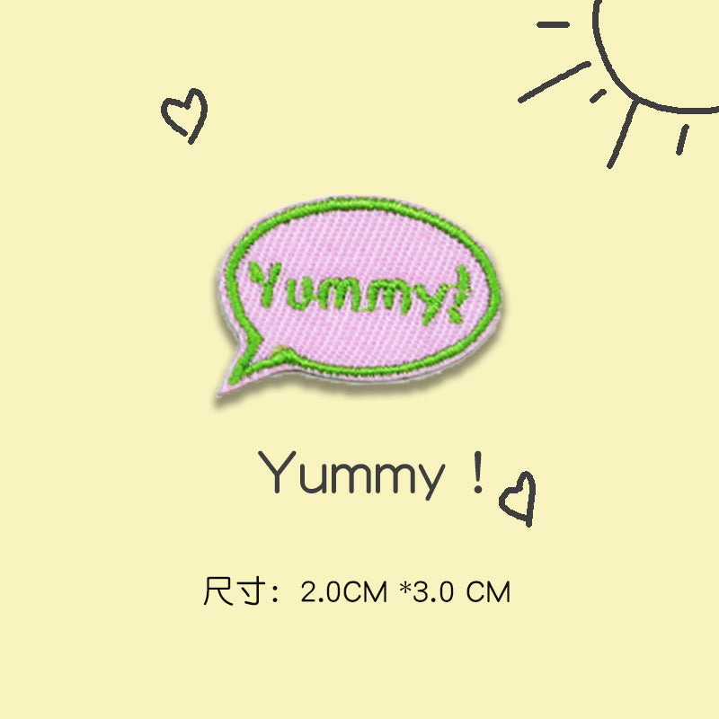 Self-adhesive embroidered patch, pink “Yummy!” speech bubble