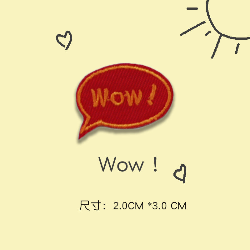 Self-adhesive embroidered patch, red “Wow!” speech bubble