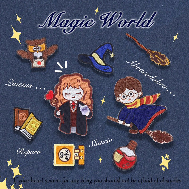 Set of 8 self-adhesive embroidered patches, “Magic World” characters and icons