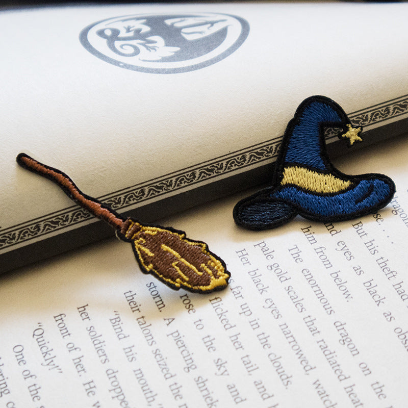 Embroidered self-adhesive wand patch and dark-blue wizard hat patch
