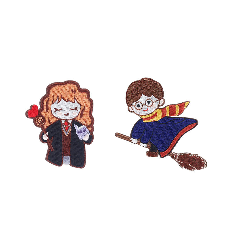 Two embroidered self-adhesive patches: smiling witch and boy with glasses