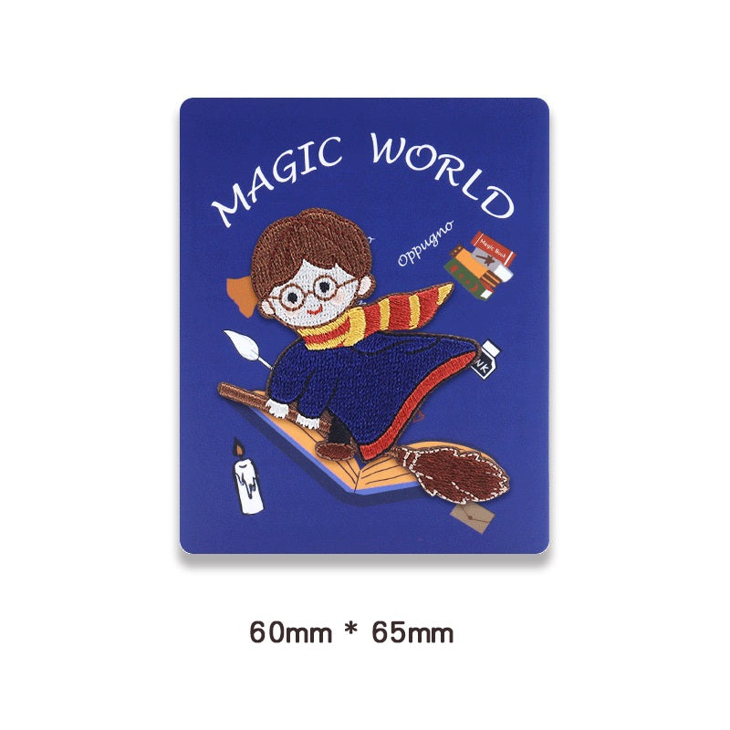 Embroidered self-adhesive boy flying patch with wand and striped scarf