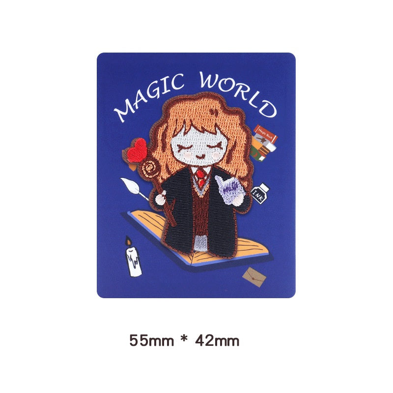 Embroidered self-adhesive witch patch with wand, “Magic World” card backing