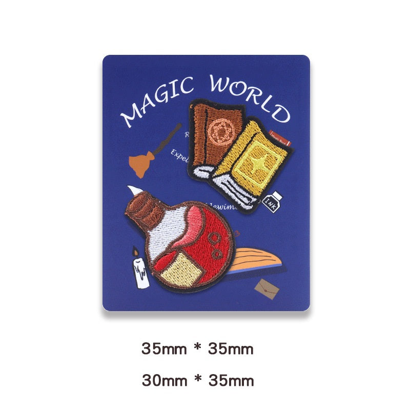 Embroidered self-adhesive red cauldron patch with book and wand icons