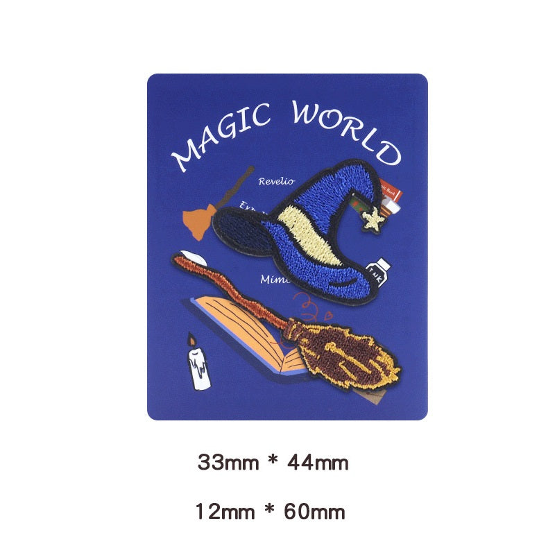 Embroidered self-adhesive wizard hat patch with wand and charm icons