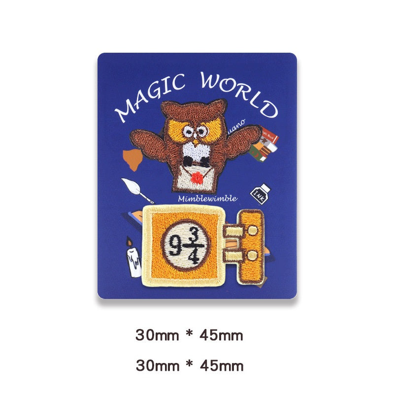 Embroidered self-adhesive owl patch with “9¾” emblem and wand icon