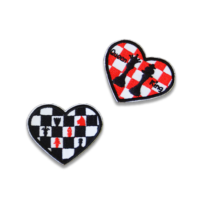6pc self-adhesive heart patches, black/white checker chess design with red accents