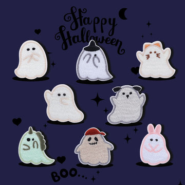 Set of 8 self-adhesive Halloween embroidered ghost patches in white, gray, green, pink