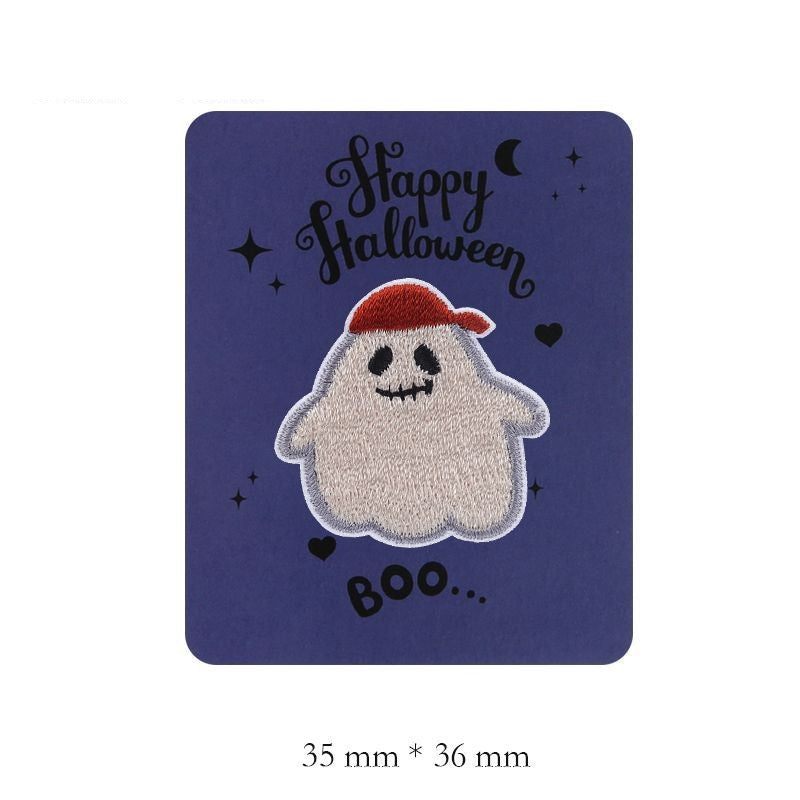 Beige embroidered ghost patch with red cap and stitched scary mouth