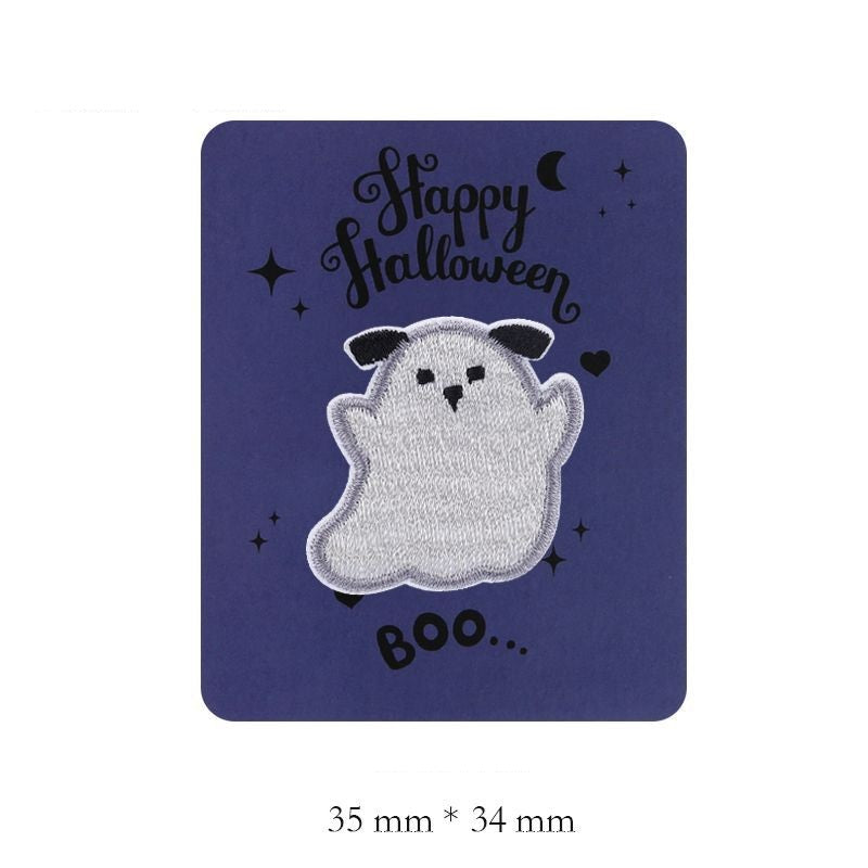 White embroidered cat ghost patch with black ears and nose