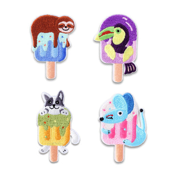 4 animal ice-pop embroidered self-adhesive patches with colorful faces and stick handles