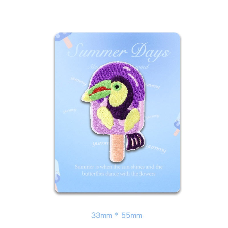 Purple bird ice-pop embroidered patch on card, self-adhesive back and stick handle