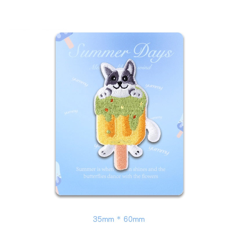 Black and white cat ice-pop embroidered patch on card, self-adhesive with stick handle