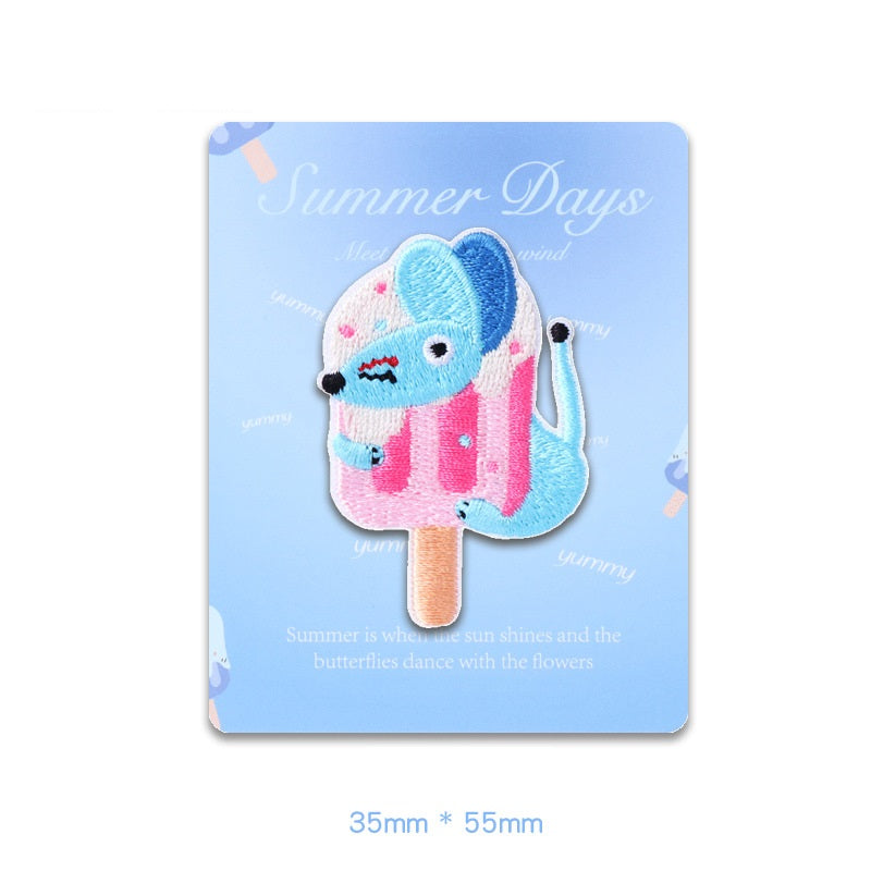 Blue and pink ice-pop animal embroidered patch on card, self-adhesive with stick handle