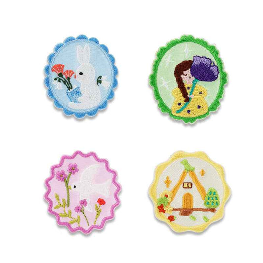 Forest Song self-adhesive embroidered patch set—four round animal designs