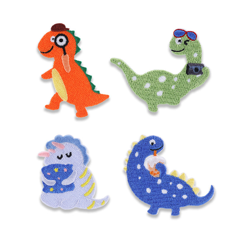 4 self-adhesive dinosaur embroidered patches: orange, green, purple, blue.
