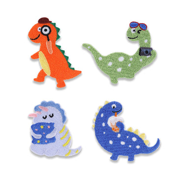 4 self-adhesive dinosaur embroidered patches: orange, green, purple, blue.