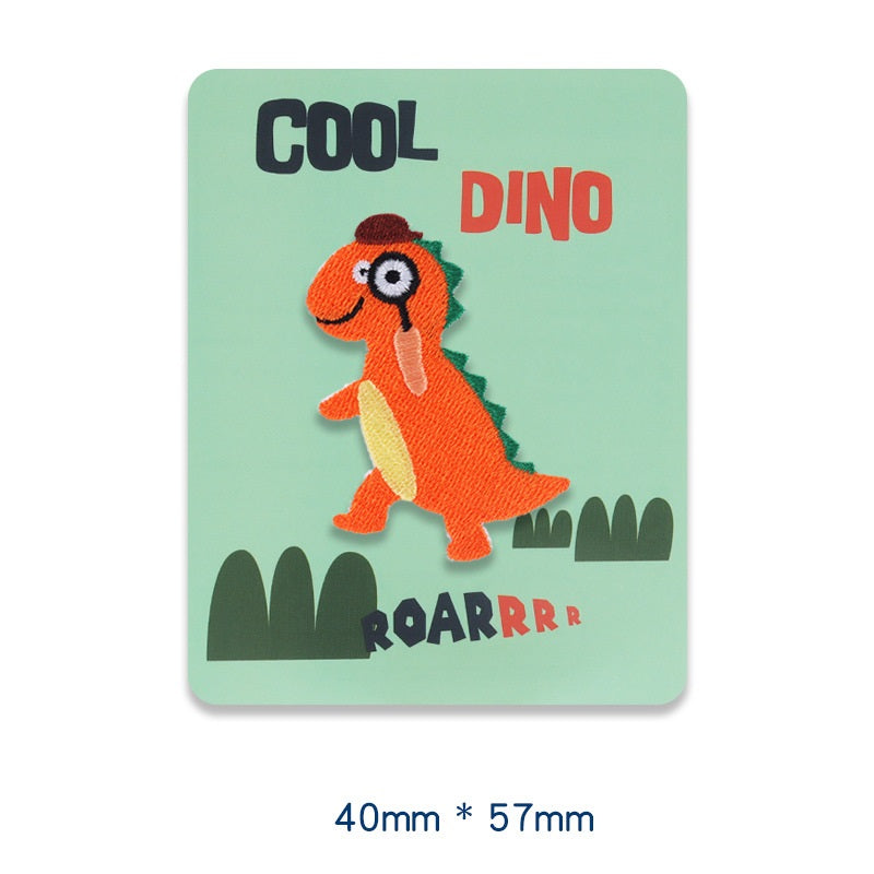 Orange self-adhesive embroidered dinosaur patch, 40x57 mm.