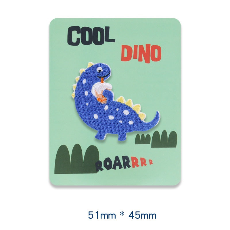 Blue self-adhesive embroidered dinosaur patch, 51x45 mm.