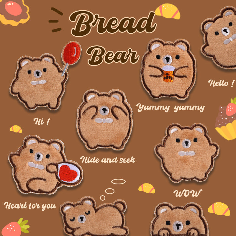Set of nine tan plush bear embroidered self-adhesive patches with cute faces