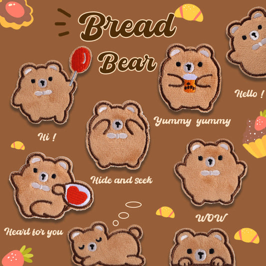 Self-Adhesive Plush Bread Bear Embroidered Patches 9 Pack