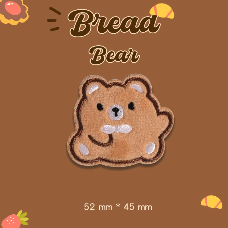 Tan plush bear embroidered patch, smiling face, 52 mm x 45 mm