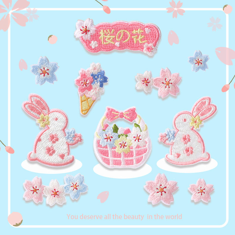 Pink rabbit and sakura embroidered self-adhesive patch set, 10PCS on a display card