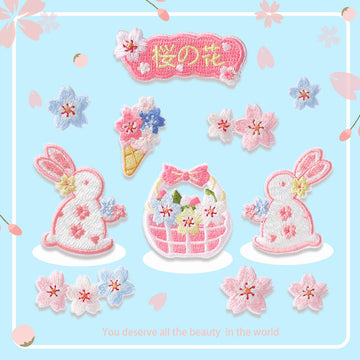 Pink rabbit and sakura embroidered self-adhesive patch set, 10PCS on a display card