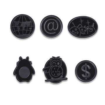 Set of black embroidered circular badge patches: globe, @ sign, and smiling crab design