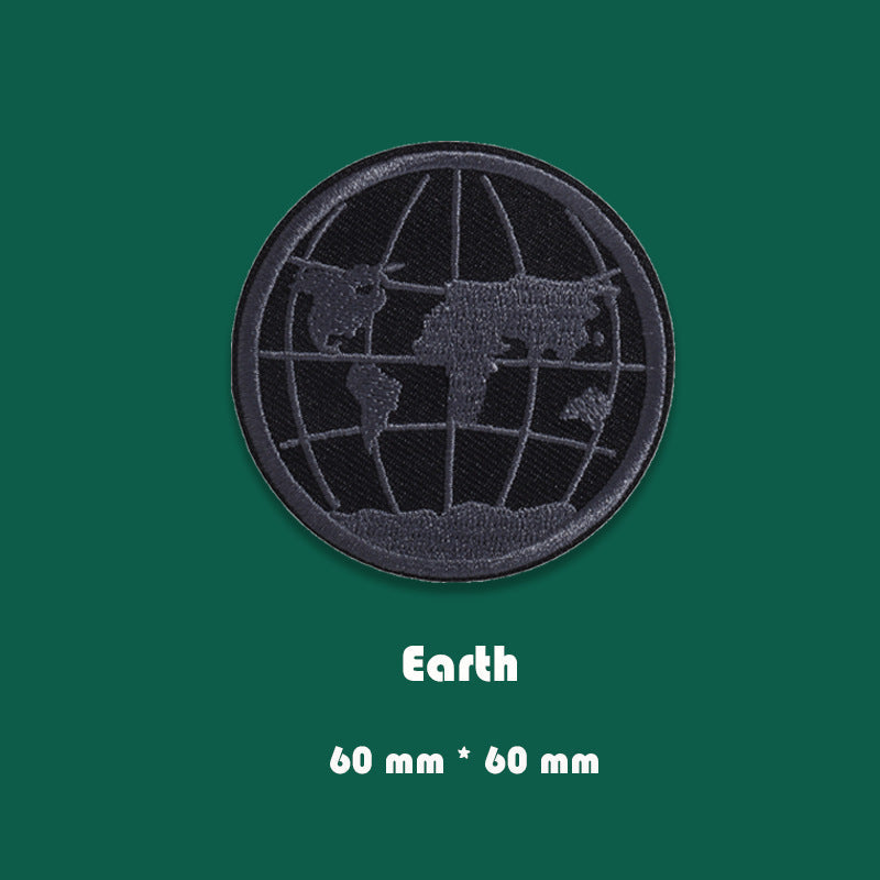 Round black embroidered earth globe badge patch, 60mm x 60mm