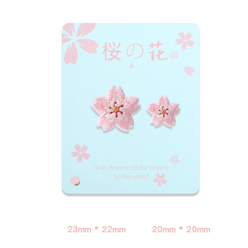 Pink sakura flower embroidered self-adhesive patches, 2-piece set