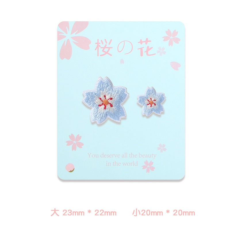 Light blue and pink sakura flower embroidered self-adhesive patches, 2-piece set