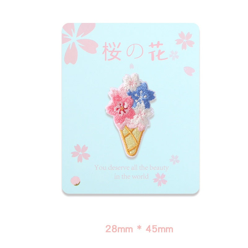 Flower ice-cream cone embroidered self-adhesive patch with pink and blue blossoms