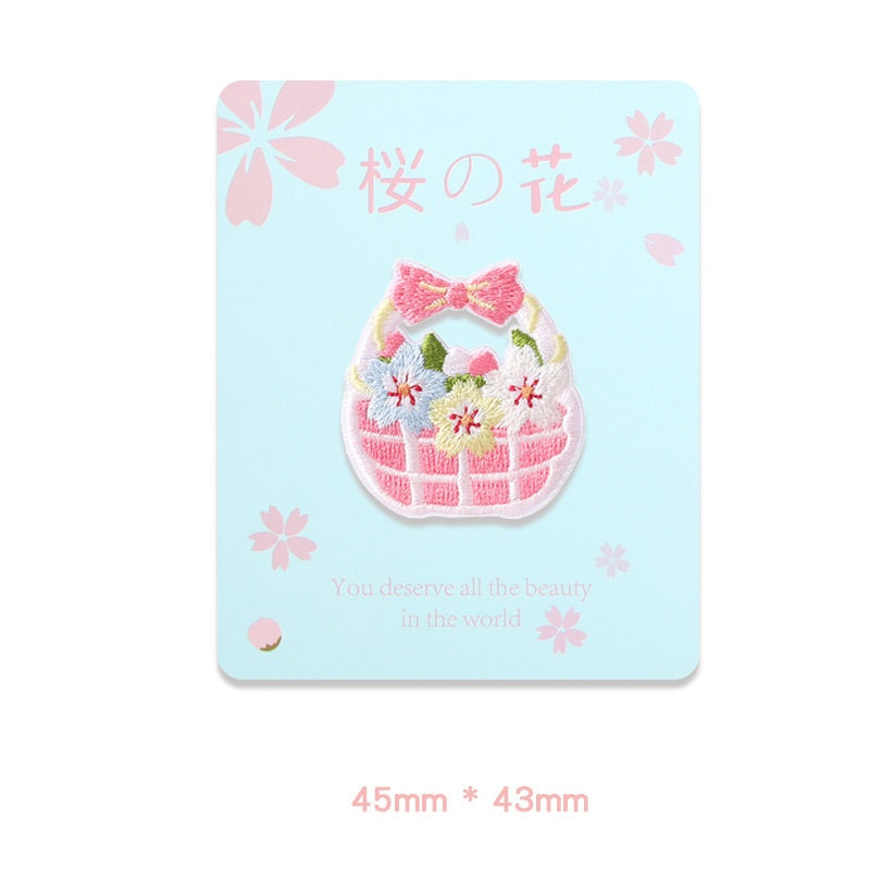 Self-adhesive embroidered rabbit patch with pink sakura basket bow, 45x43mm