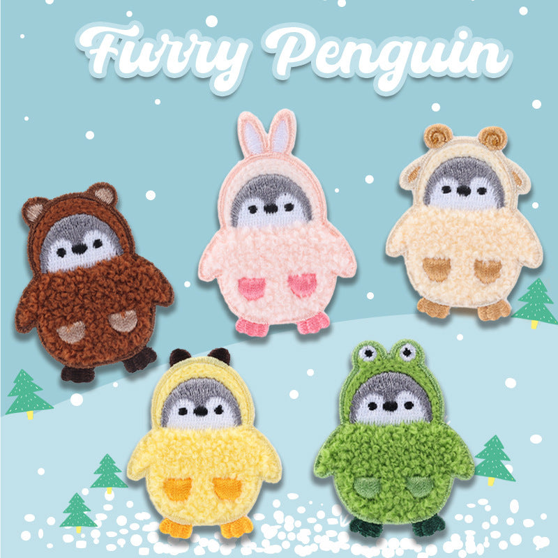 Selbstklebender Flauschen-Pinguin-Patch, braun mit grauem Gesicht