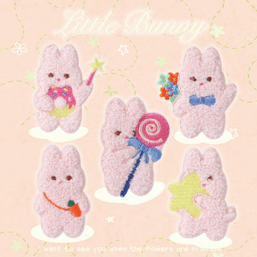 Five-piece set of pink plush rabbit embroidered adhesive patches, different cute designs