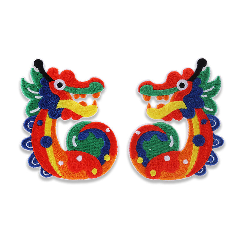 Self-adhesive embroidered Chinese dragon blessing patch, red blue green, 4-pack
