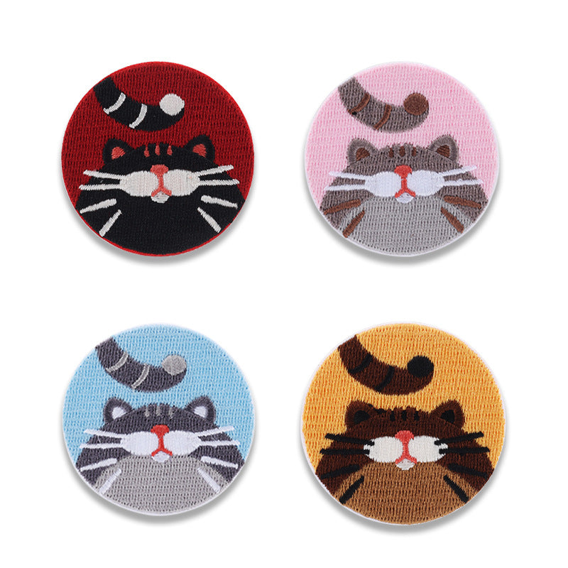 4 self-adhesive embroidered kitten cat face patches: dark red, pink, light blue, tan
