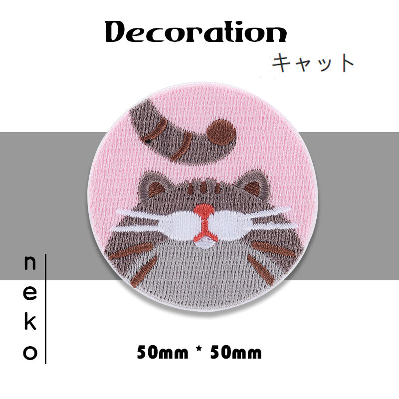 Round pink kitten cat-face embroidered patch, size 50mm x 50mm
