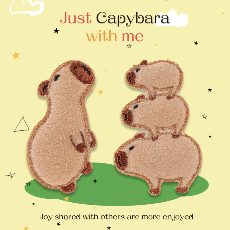 Self-adhesive capybara embroidered patch set, standing and sitting capybaras, brown/tan.