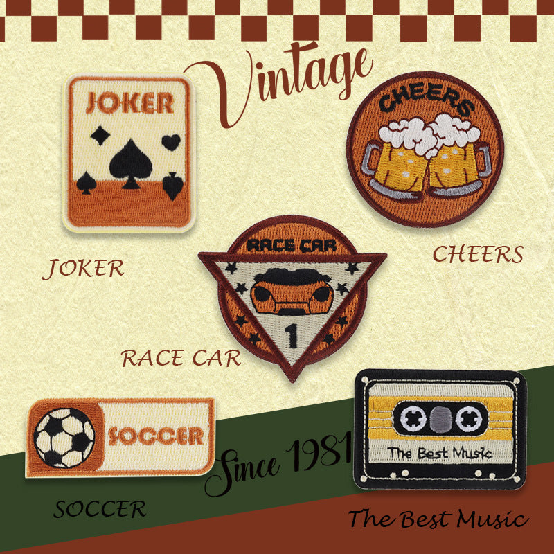 Vintage-style embroidered patches pack with Joker card, race car, soccer, cheers beer, cassette.