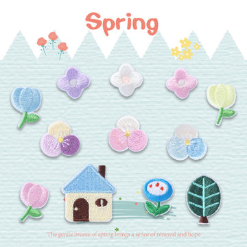 Spring embroidered flower patches (12), pastel colors, self-adhesive fabric backing