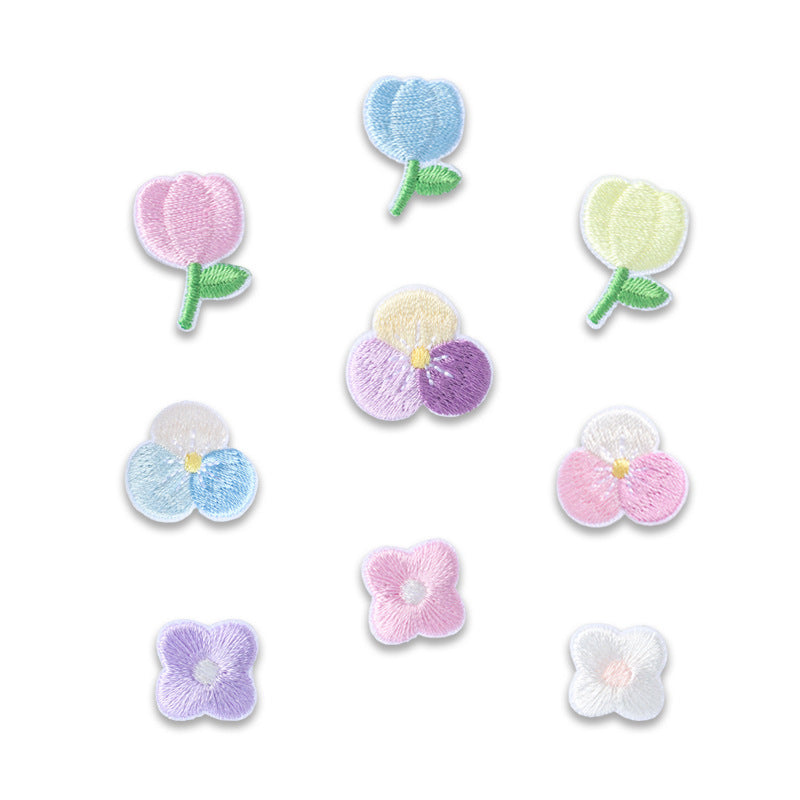 Self-adhesive embroidered flower patches, pastel blue pink lavender white, assorted petals