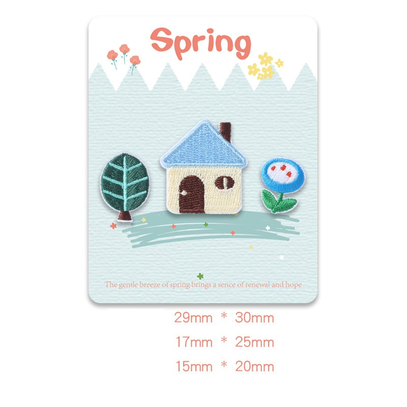 Self-adhesive spring patch set: house, tree, and bird motifs in pastel embroidery