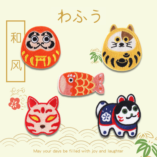 Self-Adhesive Japanese Style Daruma Embroidered Patches 5 Pack