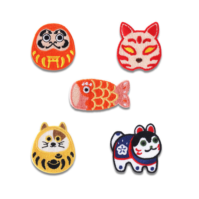 Japanese style embroidered character patches, 5-pack (cat, tiger, fish, fox, panda)